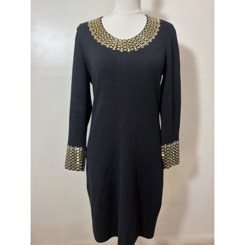 Vintage St John by Marie Gray Black Knit Dress Sz 6 Gold Rhinestone Embellished
